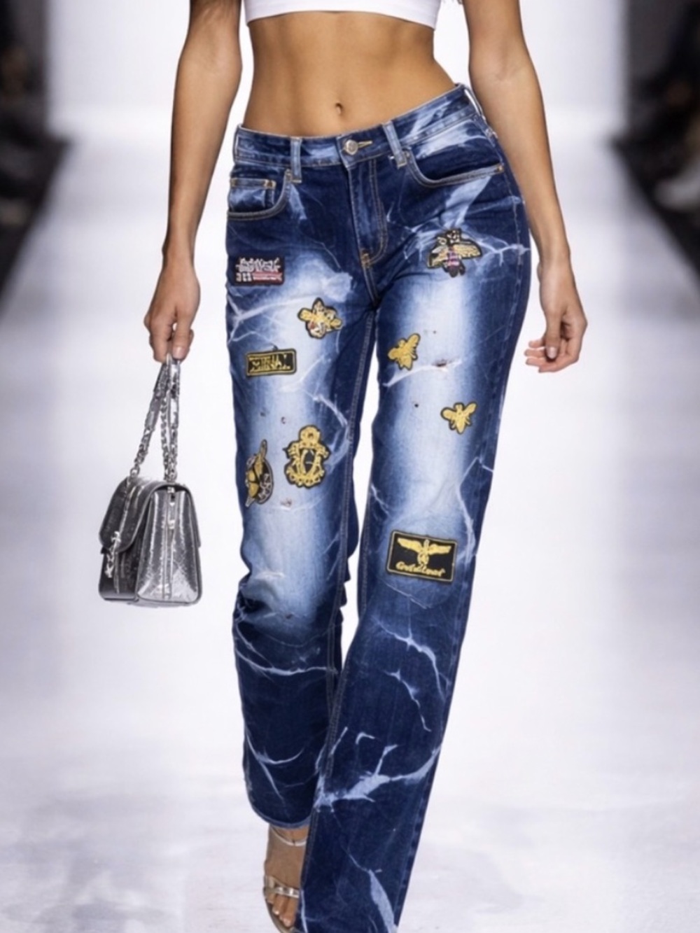 AMIRI Blue Tie-Dye Skinny Jeans with Embroidered Patches